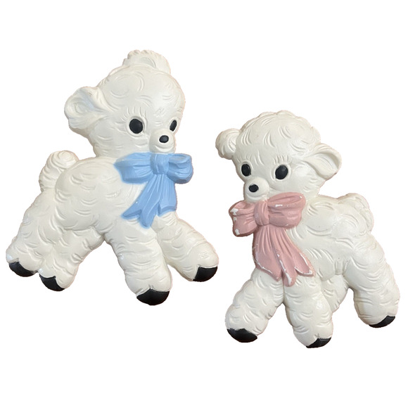 Vintage 2pc Set Homco Baby Lambs Pink & Blue Bows Nursery Wall Decor 4" - Picture 1 of 7